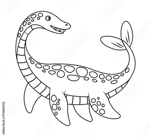 Coloring book cute dinosaur plesiosaurus isolated on a white background.  Vector illustration.