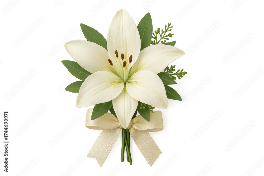 Obraz premium White lily flower bouquet with ribbon on transparent background