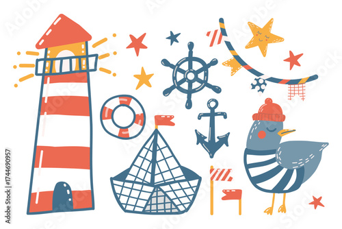 Set of children’s illustrations on a nautical theme: lighthouse, seagull, boat, anchor, steering wheel, lifebuoy, flags. Bright palette, playful hand-drawn style. Isolated design elements on white