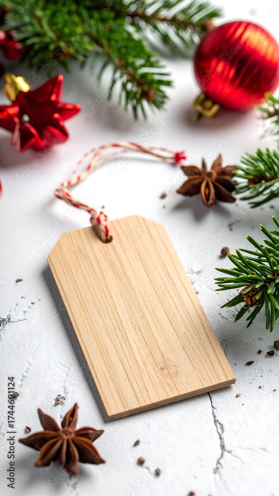 Fototapeta premium Festive composition with wooden tag, ornaments and evergreen