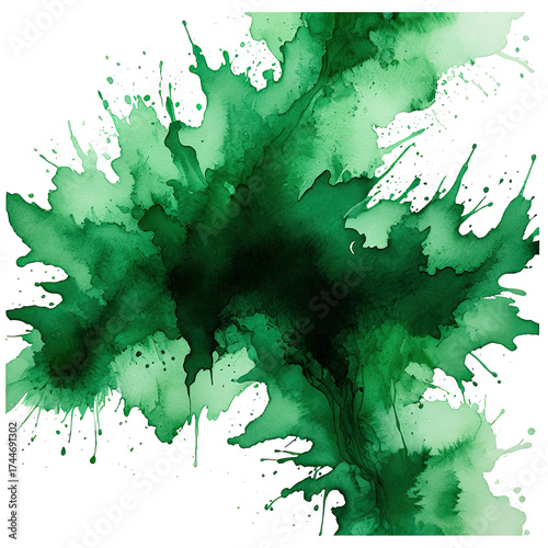 Abstract watercolor explosion in shades of emerald and dark green