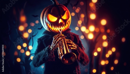 Striking jack-o-lantern playing trumpet on mystical bokeh backdrop with pumpkins. Perfect for Halloween prints, souvenirs, showcasing eerie music theme