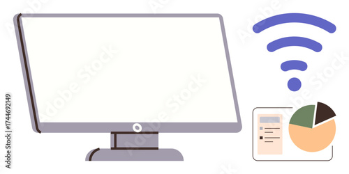 Blank computer monitor with wireless icon and pie chart with checklist element. Ideal for technology, connectivity, data analysis, business strategy, remote work, communication, and productivity
