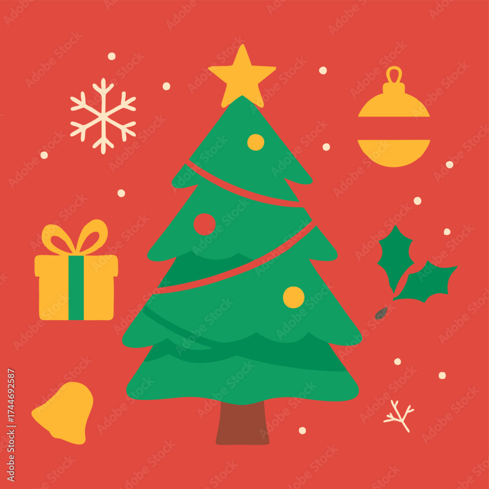 Obraz premium Flat Christmas vector design with green tree, gift box, bell, holly leaves, and snow on a bright red background. Perfect for greeting cards, banners, and holiday promotions