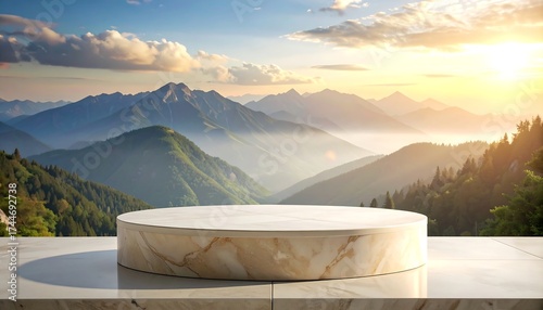 Empty product pedestal against scenic mountain background