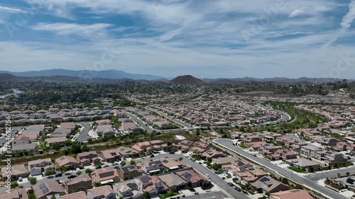 Aerial view of a sprawling neighborhood of family homes in Menifee city in Riverside County, California, United States