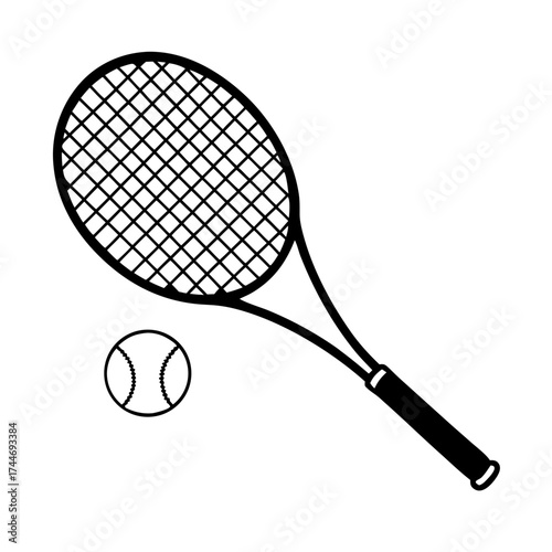 Tennis racket and ball in simple black line on transparent background