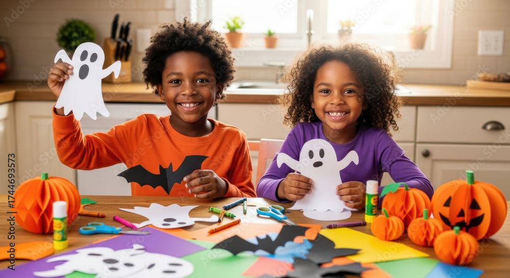 Fototapeta premium Black kids at home with friends having fun making Halloween decorations together. 
