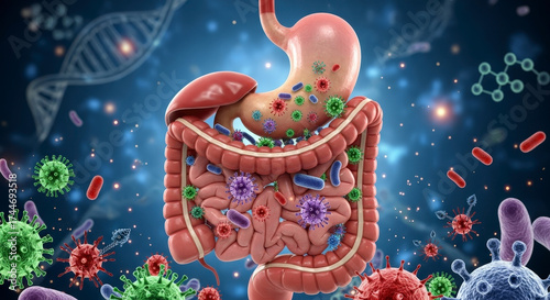 Human digestive system with colorful microbiota.