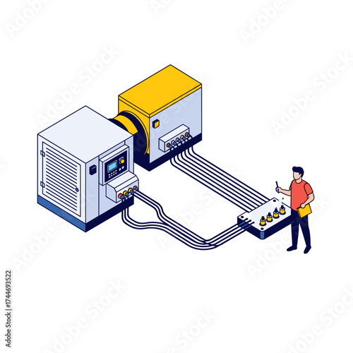 Automated industrial machinery testing and calibration with a technician overseeing the process and ensuring optimal performance.