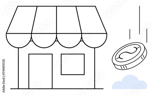 Shopfront with striped awning next to falling coin suggesting revenue, savings, or spending. Ideal for finance, retail strategy, investment, shopping, small business, economy simple flat metaphor