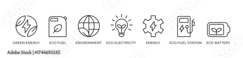 Clean Energy Ecosystem Icons set vector illustration outline with Green energy, Eco fuel, Environment, Eco electricity, Energy, Eco fuel station, Eco battery