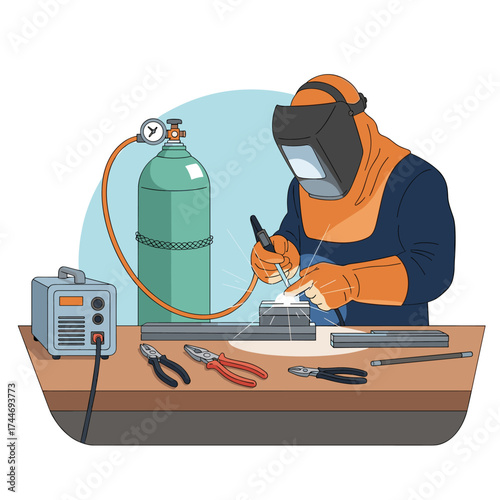 A skilled welder wearing protective gear carefully joins metal components using advanced equipment and tools on a workbench.