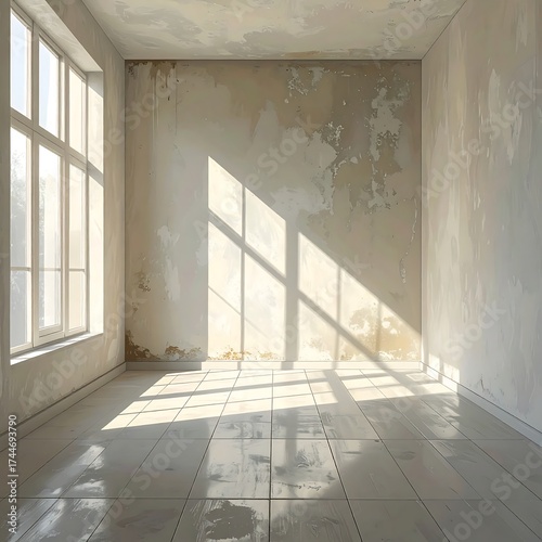 Empty room with peeling walls and sunlight