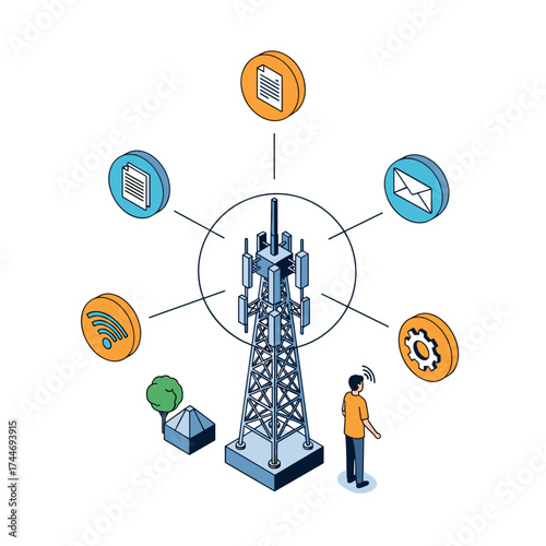 Illustrating the interconnectedness of modern communication networks and technology with a central cell tower radiating various digital services and user connectivity.