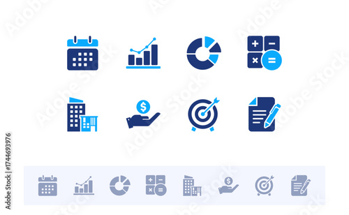 Office and Business solid icon set. Includes teamwork, meeting, startup, management, profit, and success fill icons. Vector flat design collection