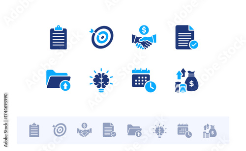 Office and Business solid icon set. Includes teamwork, meeting, startup, management, profit, and success fill icons. Vector flat design collection