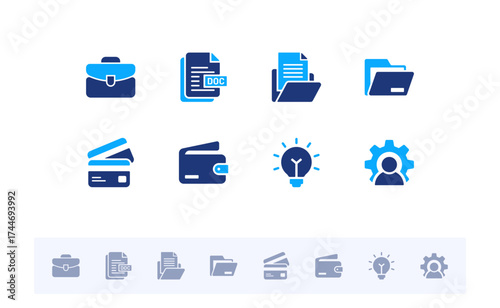 Office and Business solid icon set. Includes teamwork, meeting, startup, management, profit, and success fill icons. Vector flat design collection