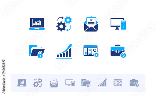 Office and Business solid icon set. Includes teamwork, meeting, startup, management, profit, and success fill icons. Vector flat design collection