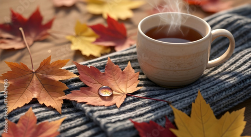 Autumn Comfort Hot Tea Mug with Fall Leaves and Warm Scarf Cozy Scene
