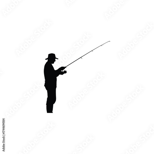 Fisherman Silhouette with Fishing Rod reel sport hobby activity outdoors water nature male person angler fishing reel isolated black