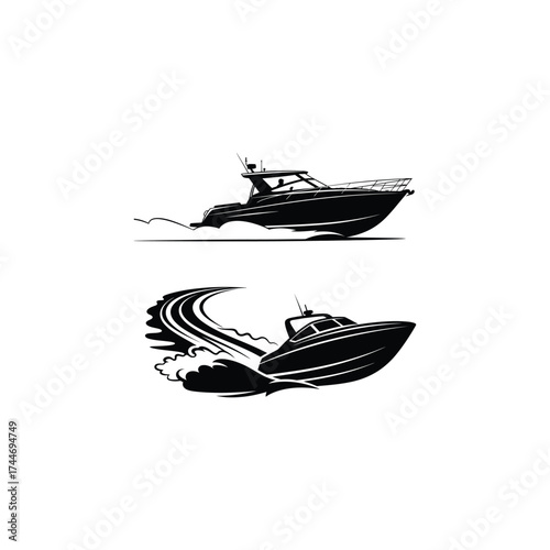 Speedboat Silhouette Set watercraft marine maritime sea ocean transportation vessel powerboat wave wake nautical recreation leisure