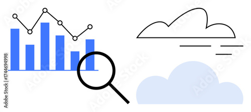 Bar graph with trend line, magnifying glass, and abstract clouds. Ideal for data analysis, statistics, technology, innovation, weather, business solutions and progress in simple flat metaphor