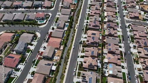 Aerial view of a sprawling neighborhood of family homes in Menifee city in Riverside County, California, United States
