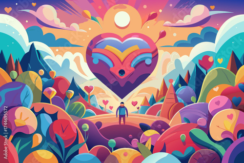 Vibrant heart landscape with lone figure and colorful mountains