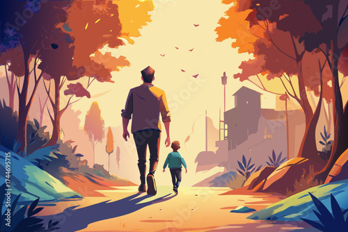 Father and child walking towards a village at sunset