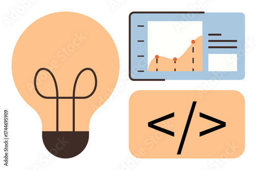 Light bulb for innovation, graph for data trends, and code tag for programming insight. Ideal for technology, innovation, programming, data science, analysis solutions creative thinking. Simple