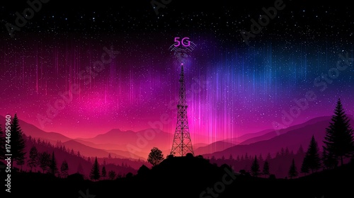 5G Tower Illuminated under Aurora Night Sky, Blending Technology with Nature in a Futuristic Landscape of Connectivity, Light, and Digital Progress