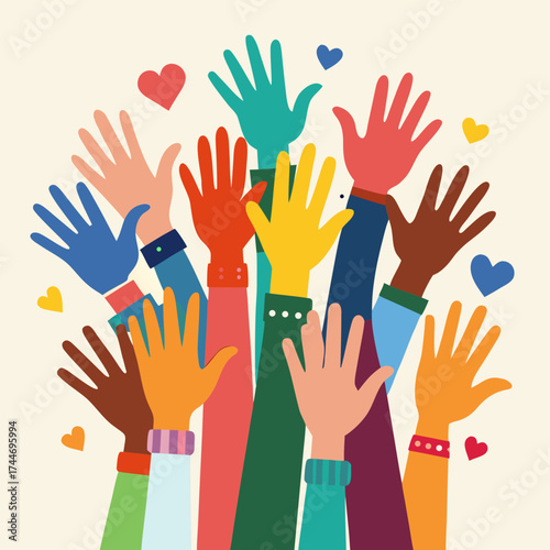 Diverse hands raised together in unity and support