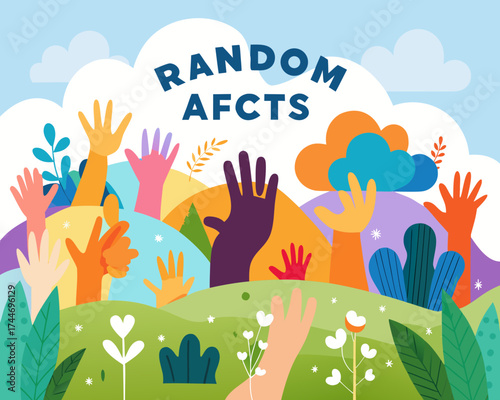 Diversity of hands reaching up in a colorful landscape