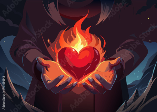 Heart of fire held in caring hands