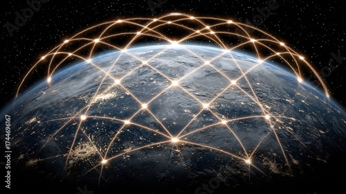 Global Network Connection Arcs Surrounding Earth, Symbolizing Satellite Communication, Data Exchange, and the Expanding Reach of Digital Technology