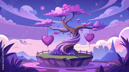 Whimsical heart tree on floating island in purple dreamscape
