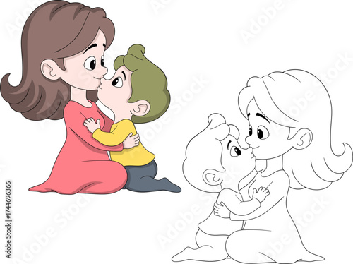 Mother and Child Kissing Cute Family Love Illustration