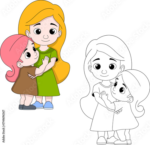Mother and Daughter Hugging Cute Mothers Day Illustration