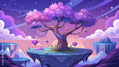 Magical floating islands with a heart tree under a twilight sky