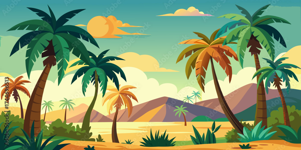 Fototapeta premium Vibrant tropical landscape with palm trees and mountains