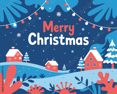Merry Christmas Festive Illustration Holiday Scene with Snow and Lights
