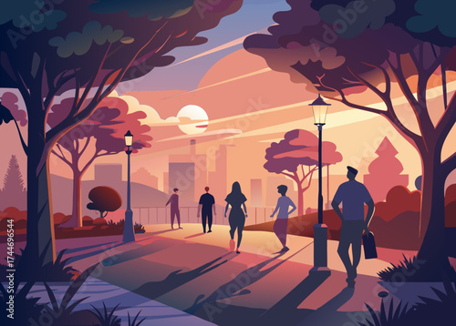 People walking in a park at sunset with city skyline background