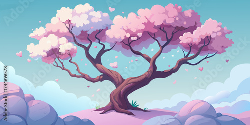 Enchanting tree with pink blossoms and heart shaped petals