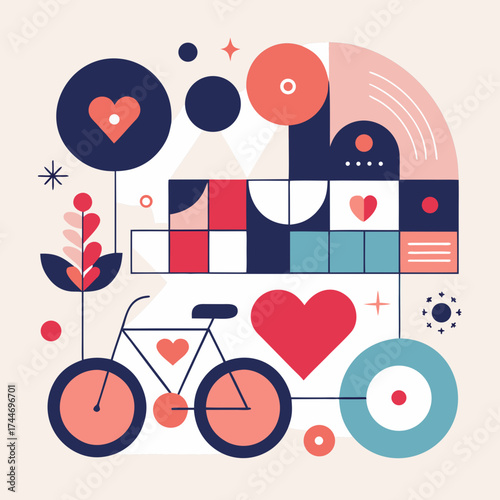 Geometric abstract design with bicycle and hearts