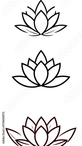 Three lotus flower line art illustrations in a vertical arrangement.