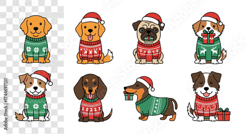 charming collection of various dog breeds like pugs and dachshunds dressed in festive Christmas sweaters and Santa hats. Vector illustration character set