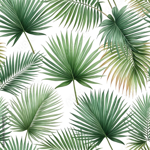 Lush green tropical palm leaves on a seamless dark background