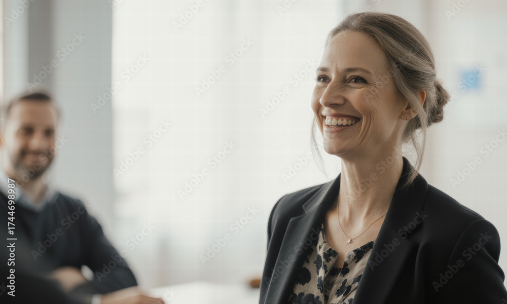 Fototapeta premium Smiling Woman in Business Meeting Focus on Positive Collaboration