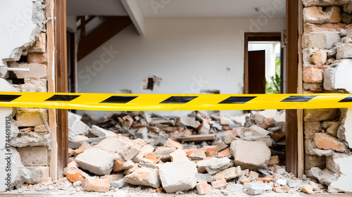 Yellow warning tape blocks a doorway filled with rubble from demolition work.